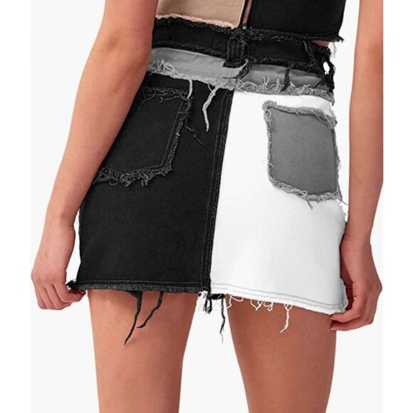 Black Gray‎ Colorblock Patchwork Denim Distressed Ripped Mini Bodycon Jean Skirt - Picture 3 of 6